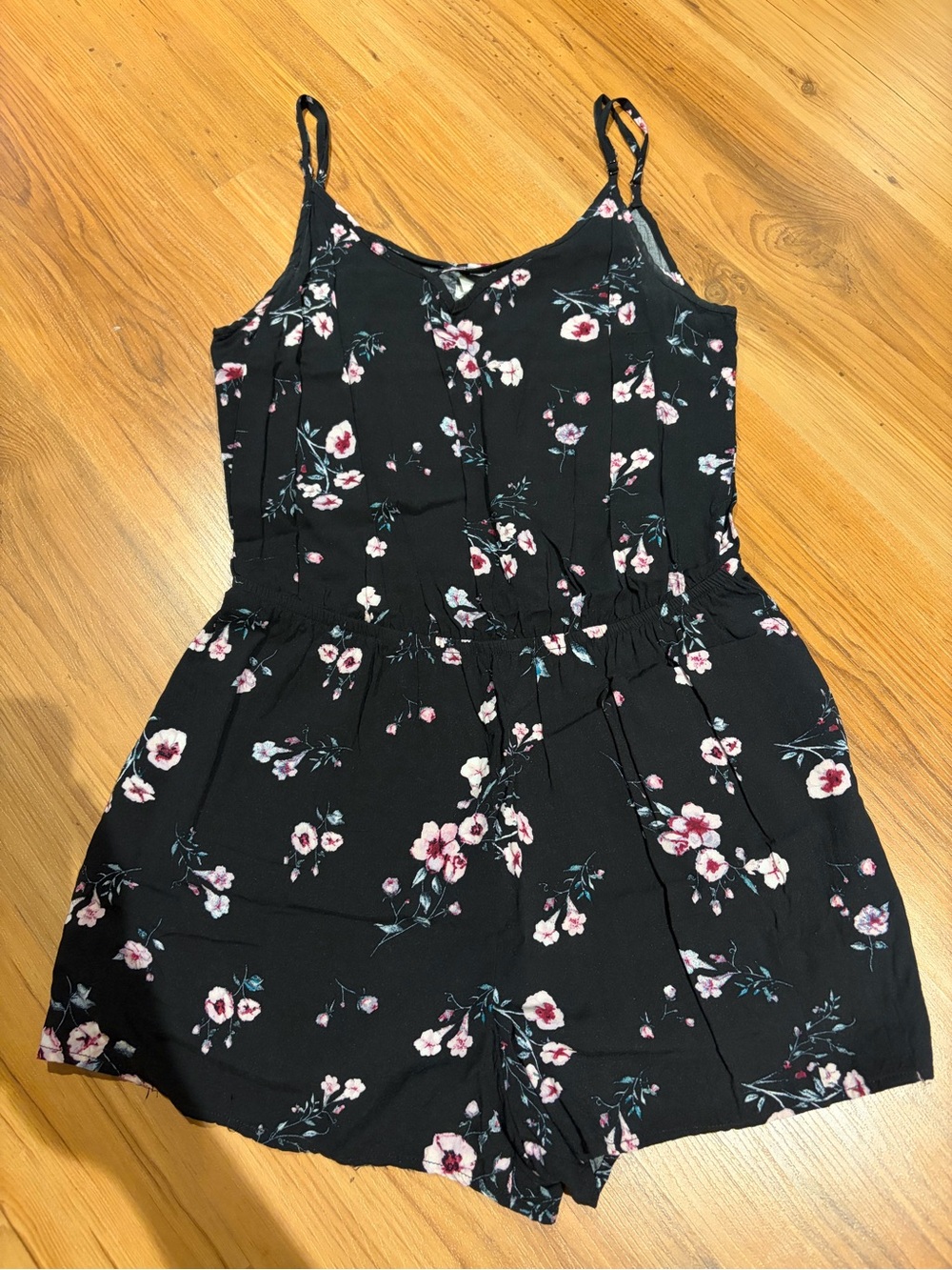 Garage Black Floral Spaghetti-Strap Romper with Pink & White Blooms